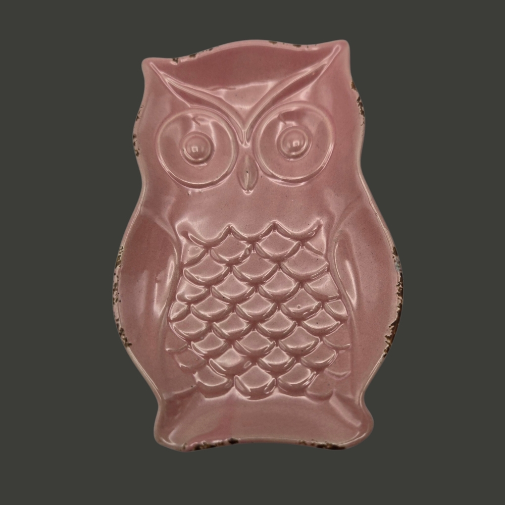 Distressed Look Pink & Black Owl Shaped Trinket Dish Spoon Rest